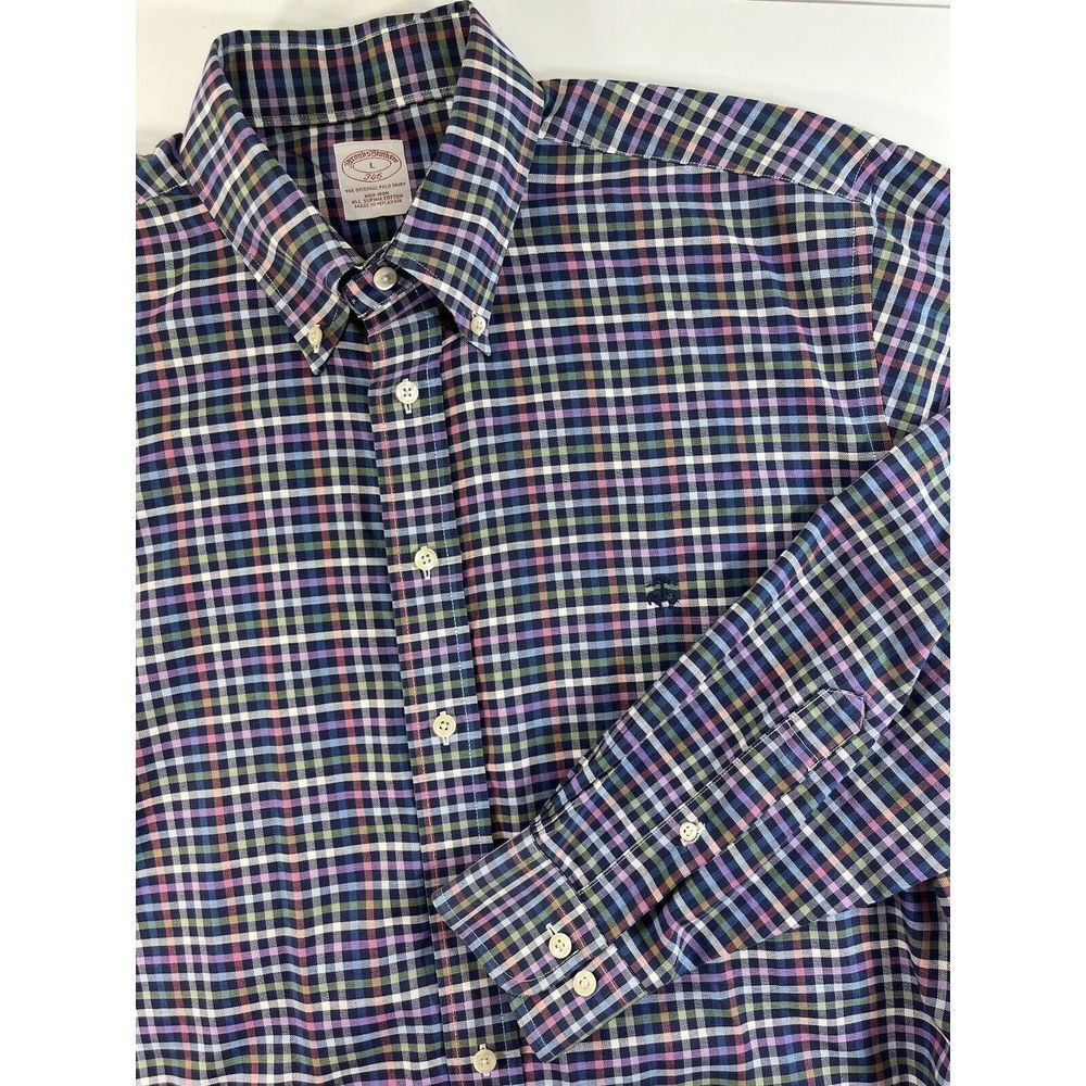 Brooks Brothers Mens‎ Large Long Sleeve Button Down Blue Plaid Check Shirt Logo